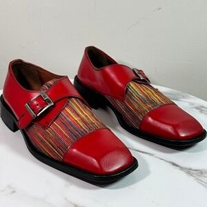 Emilio Franco Mens Red Leather Striped Monk Strap Loafers Size Vintage 90's